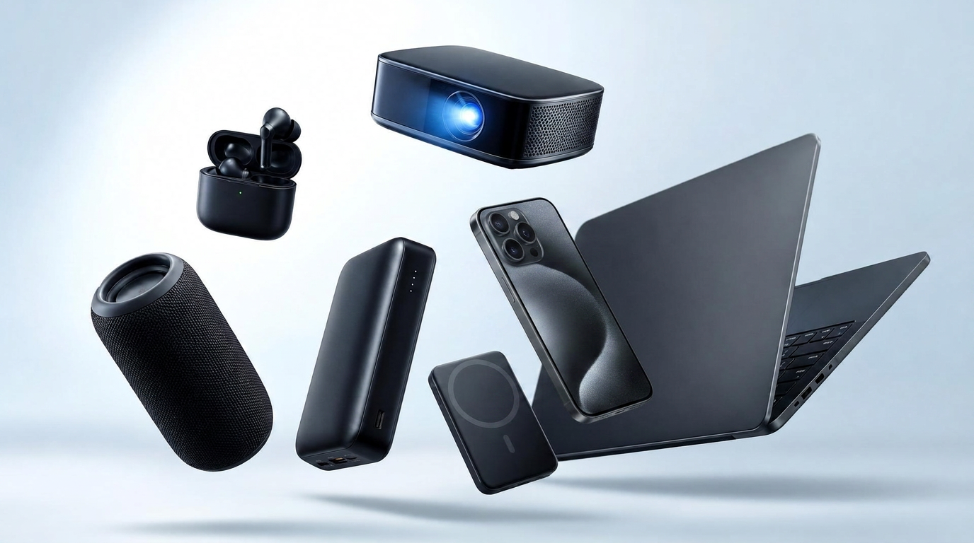 Produtos PrimeTech: smartwatch, fones, mini projetor, power bank e notebook
